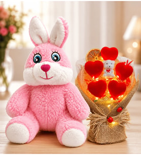 LED Işıklı Kırmızı Kalp Buketi ve Peluş Pembe Tavşan Hediye Seti