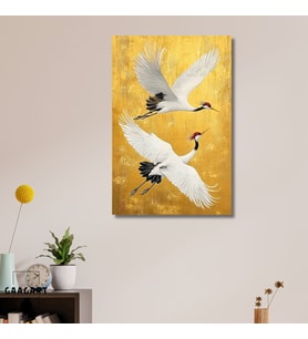 Tekli Dikey Kanvas Tablo Yağlı Boya Görünümlü Gold Uçan Turna Kuşları