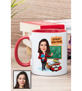 Kadın Biyoloji Öğretmenine Hediye Karikatürlü Kırmızı Kupa Bardak