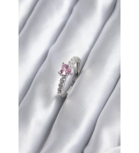 Gümüş Renk Zirkon Taşlı Pembe Kristal Kalp Model Kadın Yüzük 5886
