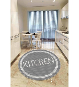 Gri Kaymaz Taban Kitchen Yazılı Yuvarlak Mutfak Halısı AR546