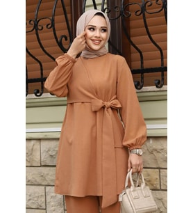 Yandan Bağlamalı Tesettür Camel Takım