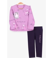 Breeze Kız Çocuk Taytlı Takım Kedi Desenli 1.5-5 Yaş, Eflatun