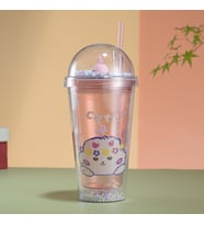 Desenli Işıklı ve Pipetli Bardak, 450 ml, Boncuklu ve Kapaklı, Pembe, 20x8 (Pembe)