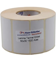 Lamine Termal Etiket 60mm x 30mm Ruloda 1500 Adet 40mm Kuka Çapında Direk Termal Transfer Etiketi