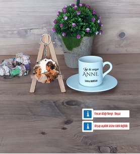 Anneye Doğum Günü Hediyesi Türk Kahvesi Fincanı Ahşap Altlıklı ve Fotoğraflı Ahşap Anahtarlık Hediye (Model 2)