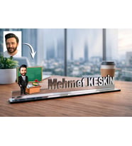 Kişiye Özel Öğretmen Karikatürlü 30 cm Ayna Pleksi Masaüstü İsimlik - Öğretmen Hediyesi Öğretmene Özel Hediye