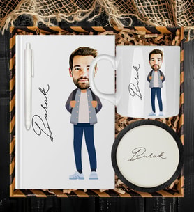 Kişiye Özel Karikatür Tasarım Defter Kalem Kupa Ve Bardak Altlığı Hediye Seti 96143