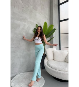 Kadın Su Yeşili Yüksek Bel Fitilli Bol Paça Günlük İnce Eşofman Altı Pijama