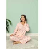 Manolya Kadın Büyük Beden Pamuklu Çiçek Desenli Pijama Takımı - 7345PU (Pudra)