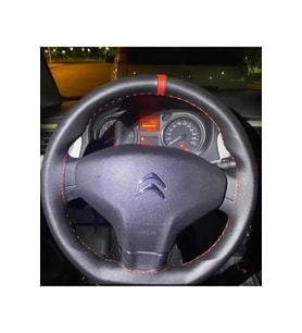 DİKİŞLİ DİREKSİYON KILIFI DAMARLI SİYAH DERİ KIRMIZI YÜZÜK KIRMIZI DİKİŞLİ CITROEN ELYSEE İÇİN