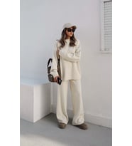 Kadın Krem Bisiklet Yaka Beli Lastikli Geniş Paça Relax Triko Takım