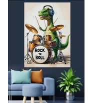 Davul Çalan Dinozor Rock Grubu Dekoratif Kanvas - Mdf Ahşap Tablo