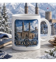 Erzurum Temalı Memleket Kupası – 25 Erzurum Çifte Minareli Medrese Kale ve Karlı Dağ Manzarası Baskılı Seramik Kupa