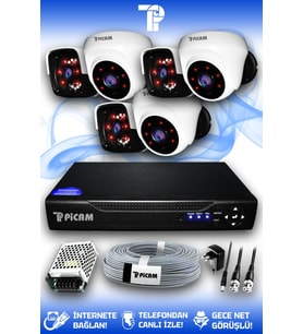 PICAM 6 Kameralı Panda 3 İç Kamera Set HDD'siz Full HD Gece Görüşlü Güvenlik Kamerası Sistemi