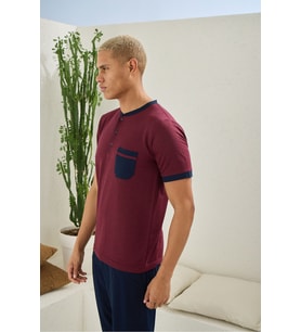 Erkek Midi Yaka Pijama Takım Konforlu Uyku (Bordo)