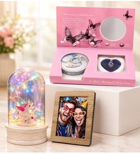 Kişiye Özel Fotoğraflı Renkli Led Işıklı Fanus & İstiridye İnci Kolye Hediye Seti (Model 2)