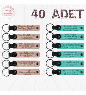 Pudra & Turkuaz, 40’lı Set, İsimli Anlamlı Deri Anahtarlık, Bebek Mevlüdüne Anlamlı Hediye