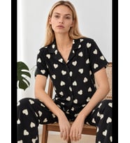 Night Siyah Kadın Kalpli Kısa Kollu Pijama Takımı 4825