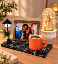 Kişiye Özel Fotoğraflı Sokak LambalıTuruncu Türk Kahvesi Fincanı ve LED Işıklı Fanus (şans melekli)