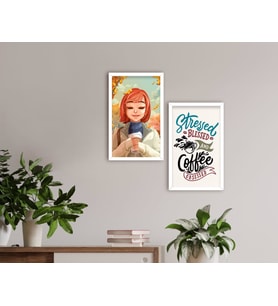BK Home Coffee Tasarımlı Dekoratif 2'li Ahşap Beyaz Çerçeveli Tablo-1