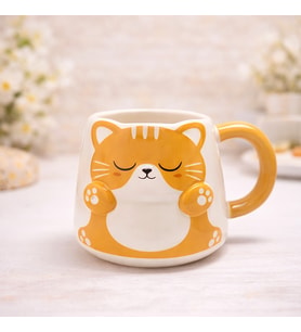 Sevimli Kedi Tasarımlı Seramik Kupa Bardak Renkli Karakterli Kahve Fincanı Hediyelik (Sarı-Ekru)