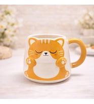 Sevimli Kedi Tasarımlı Seramik Kupa Bardak Renkli Karakterli Kahve Fincanı Hediyelik (Sarı-Ekru)
