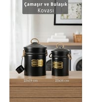 2'li Set Deterjan Kovası Çamaşır Bulaşık Kutusu Ölçekli Galvaniz Metal Siyah