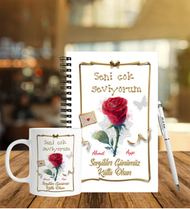 Sevgililer Gününe Özel Ahşap Defter Kalem & Kupa Hediye Seti 15