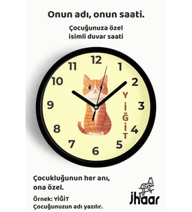 İsme Özel Sevimli Kedi Çocuk Odası Duvar Saati Orta Boy 30 cm Siyah Camlı Sessiz