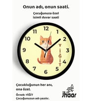 İsme Özel Sevimli Kedi Çocuk Odası Duvar Saati Orta Boy 30 cm Siyah Camlı Sessiz