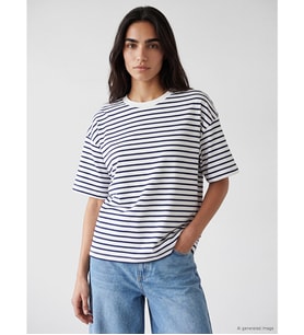 LCW Vision Lacivert Çizgili Oversize %100 Pamuklu Kadın Tişört