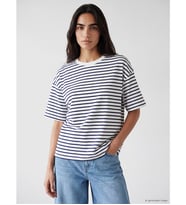 LCW Vision Lacivert Çizgili Oversize %100 Pamuklu Kadın Tişört