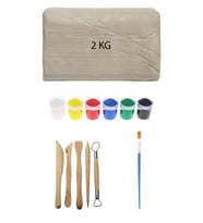 Beyaz Seramik Hamuru 2 kg Kil Ebeşuar Seti 6x15 ml Guaj Boya Seti Düz Fırça Seramik Kili Oyun Hamuru