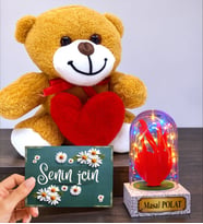 Sevimli Kalpli Peluş Ayıcık ve Renkli Led Işıklı Kişiye Özel Fanus (Model 2)