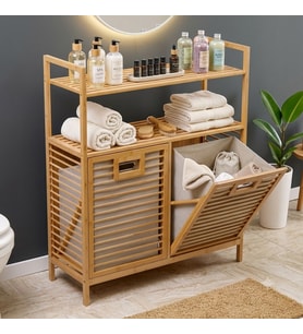 Çok Amaçlı Bambu Banyo Dolabı Düzenleyici Raf Ve Çift Bölmeli Kirli Çamaşır Sepeti