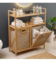 Çok Amaçlı Bambu Banyo Dolabı Düzenleyici Raf Ve Çift Bölmeli Kirli Çamaşır Sepeti