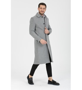 Mero Life Erkek Açık Gri Dar Kesim Uzun Yün Karışımlı Kaşe Gömlek Yaka Palto&kaban
