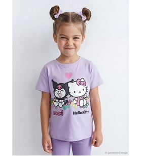 LCW Kids Lila Hello Kitty Baskılı Kız Çocuk Penye Tişört Ve Tayt