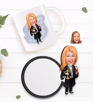 BK Gift Kişiye Özel Kadın Avukat Karikatürlü Beyaz Kupa ve Ahşap Bardak Altlığı Hediye Seti-1
