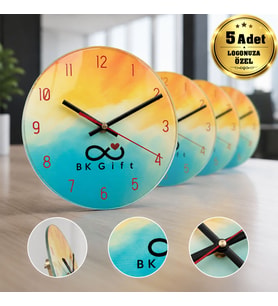 Logonuza Özel 5 Adet 18 cm Yuvarlak Cam Duvar Saati Kurumsal Baskılı Promosyon Saat