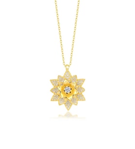 Gümüş Gold Beyaz Taşlı Lotus Çiçeği Kadın Kolye