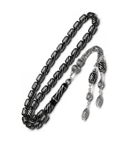 Sertifikalı 8'li Yarma Gümüş İşlemeli 8x11mm Erzurum Oltu Tesbih (Siyah)