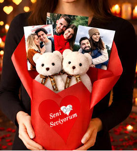 Kişiye Özel Ayıcık Buketi Tutku Dolu Seni Çok Seviyorum Temalı 2’li Beyaz Peluş Ayıcık ve 3 Adet Fotoğraflı Özel Hediye Buketi