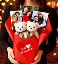 Kişiye Özel Ayıcık Buketi Tutku Dolu Seni Çok Seviyorum Temalı 2’li Beyaz Peluş Ayıcık ve 3 Adet Fotoğraflı Özel Hediye Buketi