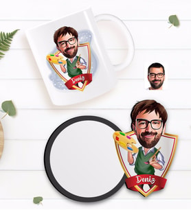 BK Gift Kişiye Özel Erkek Ressam Karikatürlü Beyaz Kupa ve Ahşap Bardak Altlığı Hediye Seti-1