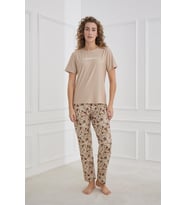kadın Desenli Bisiklet Yaka Kısa Kollu  Pijama Takım  Kahverengi 30102-1173
