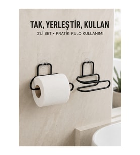 2’li Duvara Yapışkanlı Tuvalet Kağıtlığı Siyah Metal Pratik Rulo Tutucu