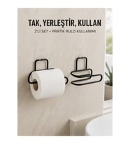 2’li Duvara Yapışkanlı Tuvalet Kağıtlığı Siyah Metal Pratik Rulo Tutucu