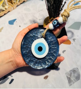 El Yapımı Hediyelik Cam Nazar Boncuğu, Simli, İpli, Lacivert 11 Cm Duvar Süsü (Lacivert)